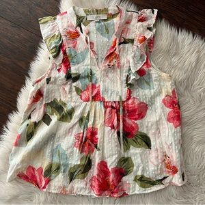 Loft Tropical Bouquet Ruffle Trim Shell Top
